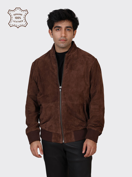 MENS COLLEGE SUEDE LEATHER JACKET-BROWN