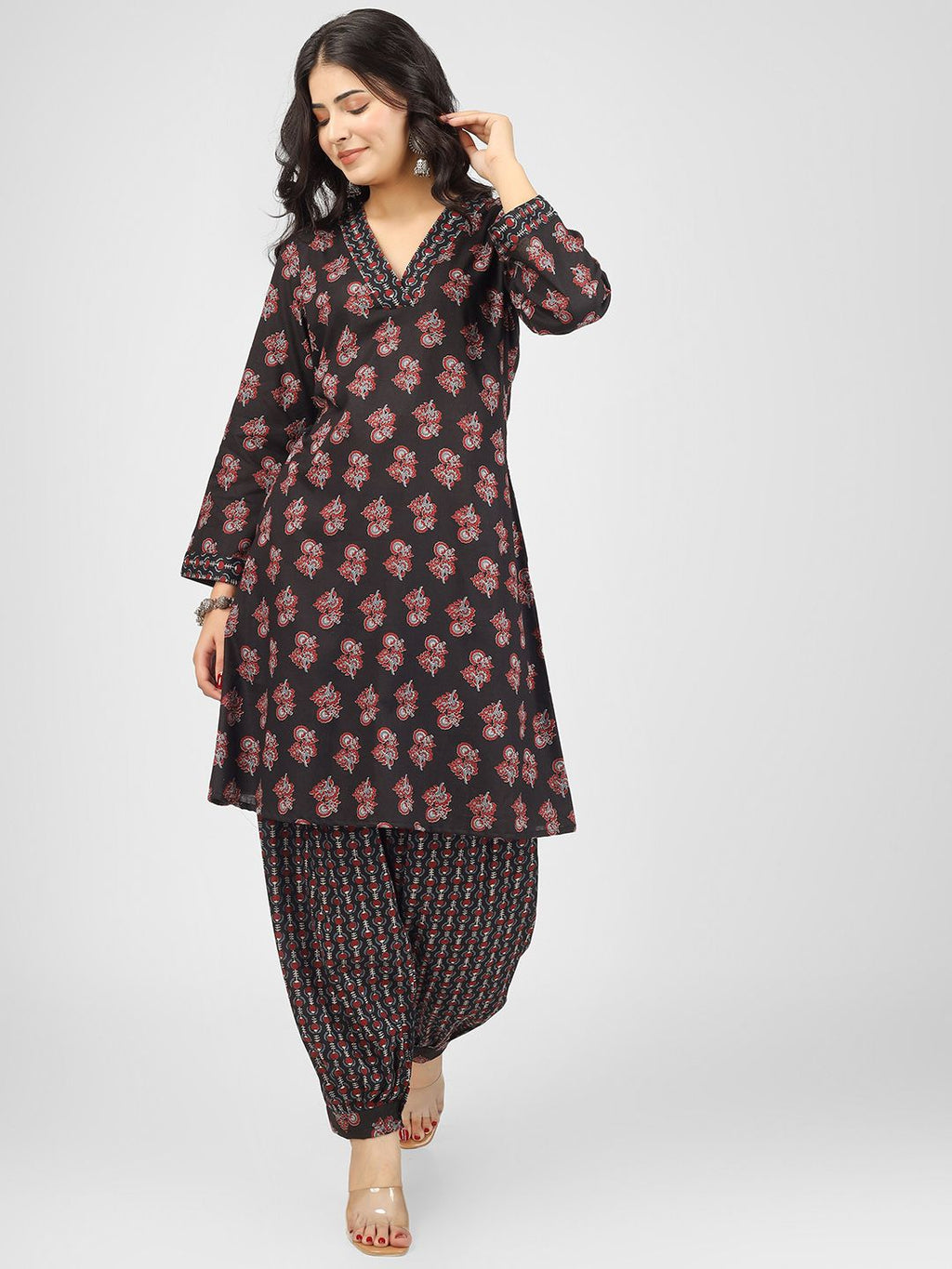 V-NECK ETHNIC MOTIFS PRINTED REGULAR PURE COTTON KURTA WITH SALWAR