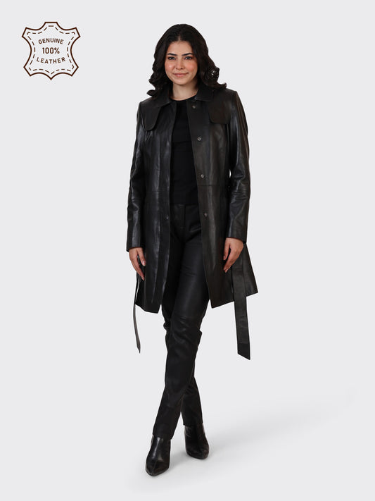LADIES KNEE-LENGTH LEATHER JACKET-BLACK