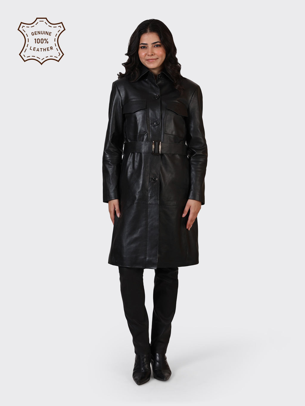 LADIES KNEE-LENGTH LEATHER JACKET-BLACK