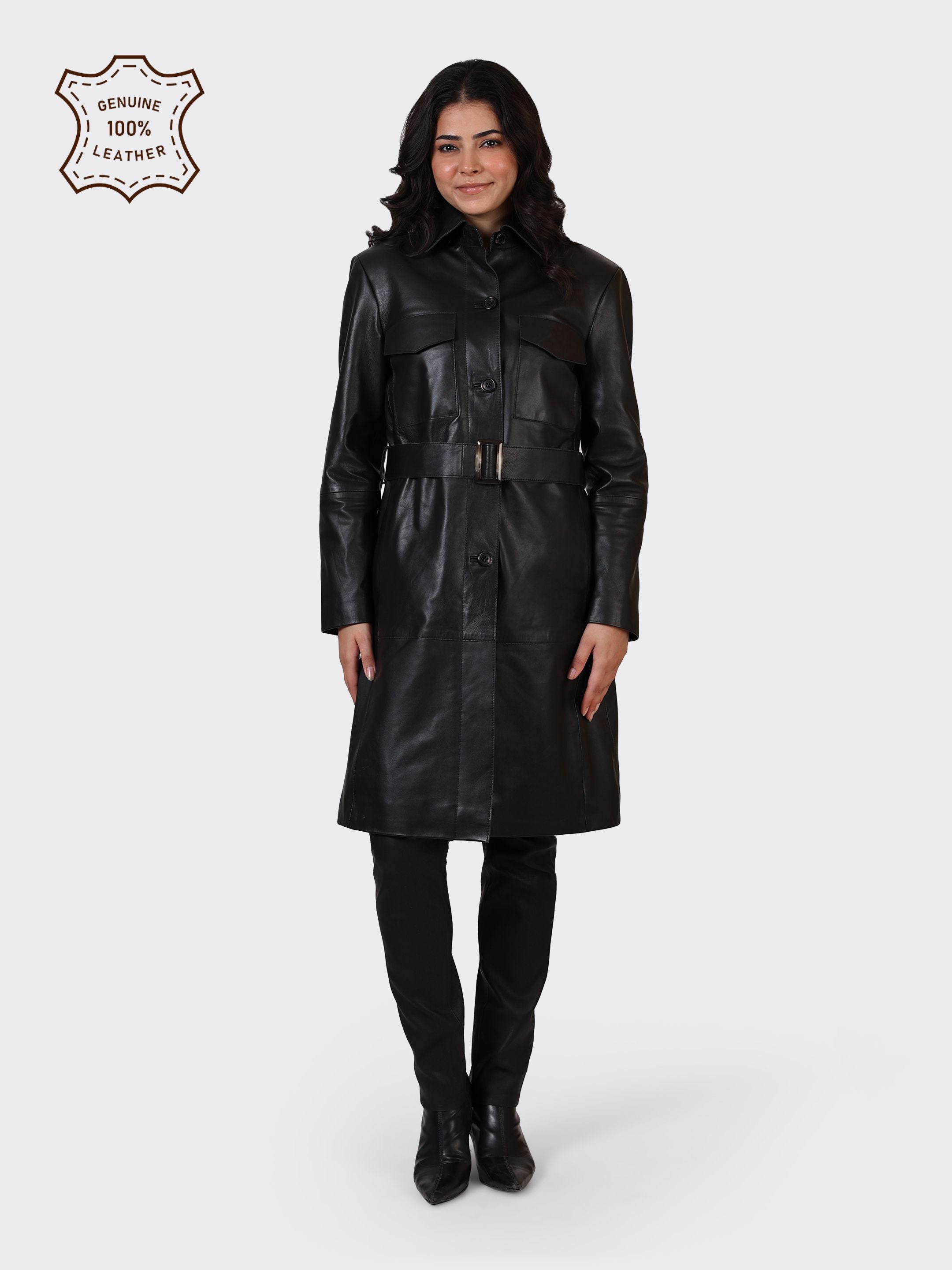 LADIES KNEE-LENGTH LEATHER JACKET-BLACK