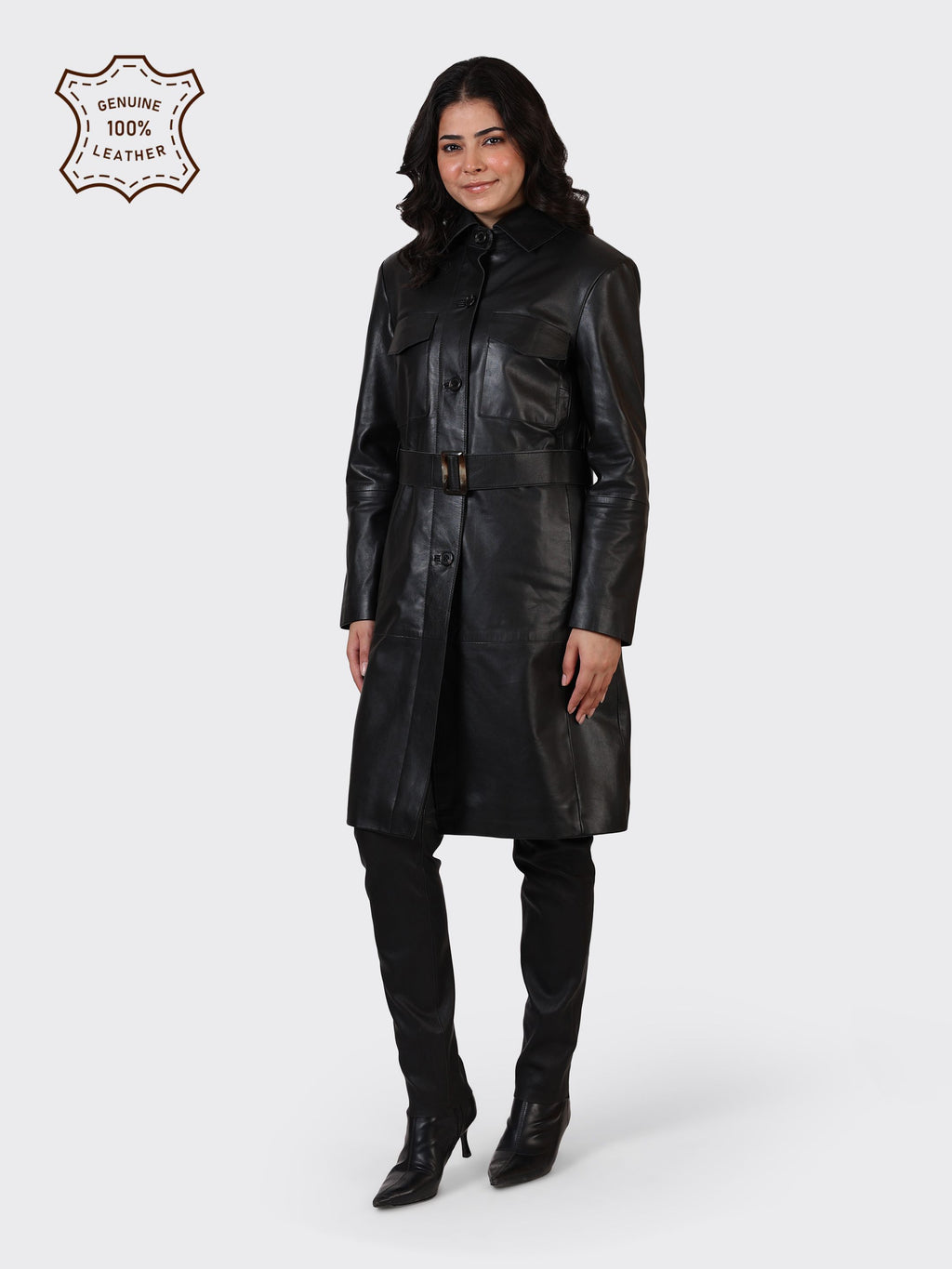 LADIES KNEE-LENGTH LEATHER JACKET-BLACK