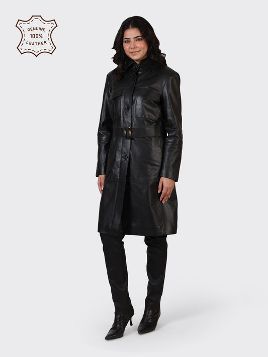 LADIES KNEE-LENGTH LEATHER JACKET-BLACK