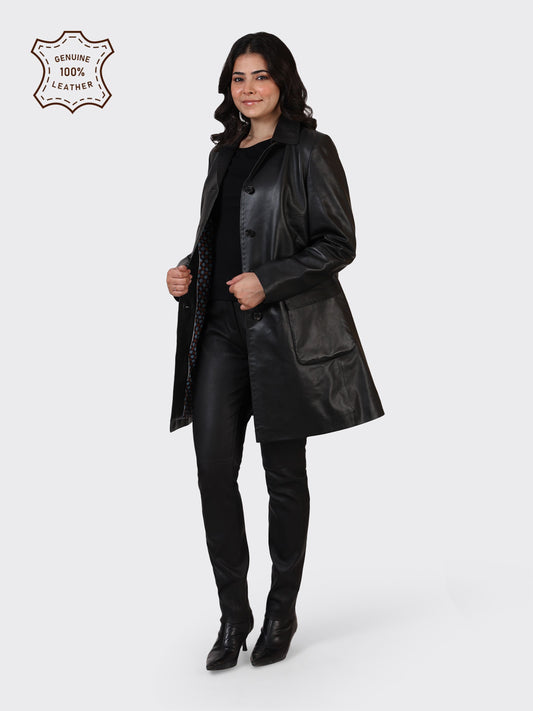 LADIES KNEE-LENGTH LEATHER JACKET-BLACK
