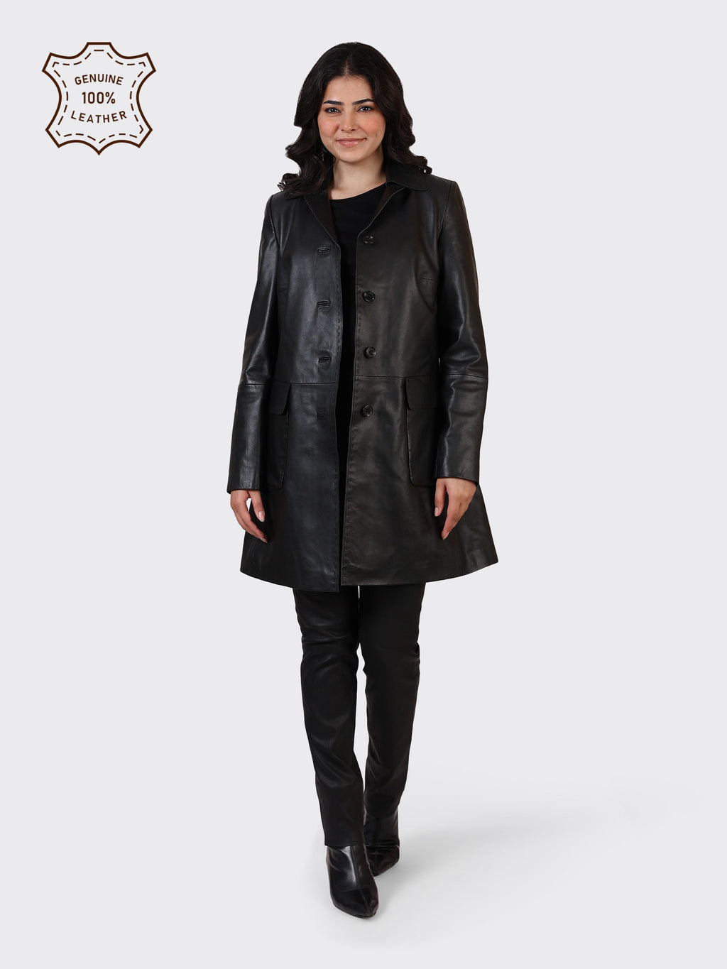 LADIES KNEE-LENGTH LEATHER JACKET-BLACK