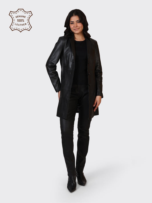 LADIES KNEE-LENGTH LEATHER JACKET-BLACK