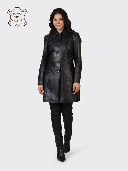 LADIES KNEE-LENGTH LEATHER JACKET-BLACK