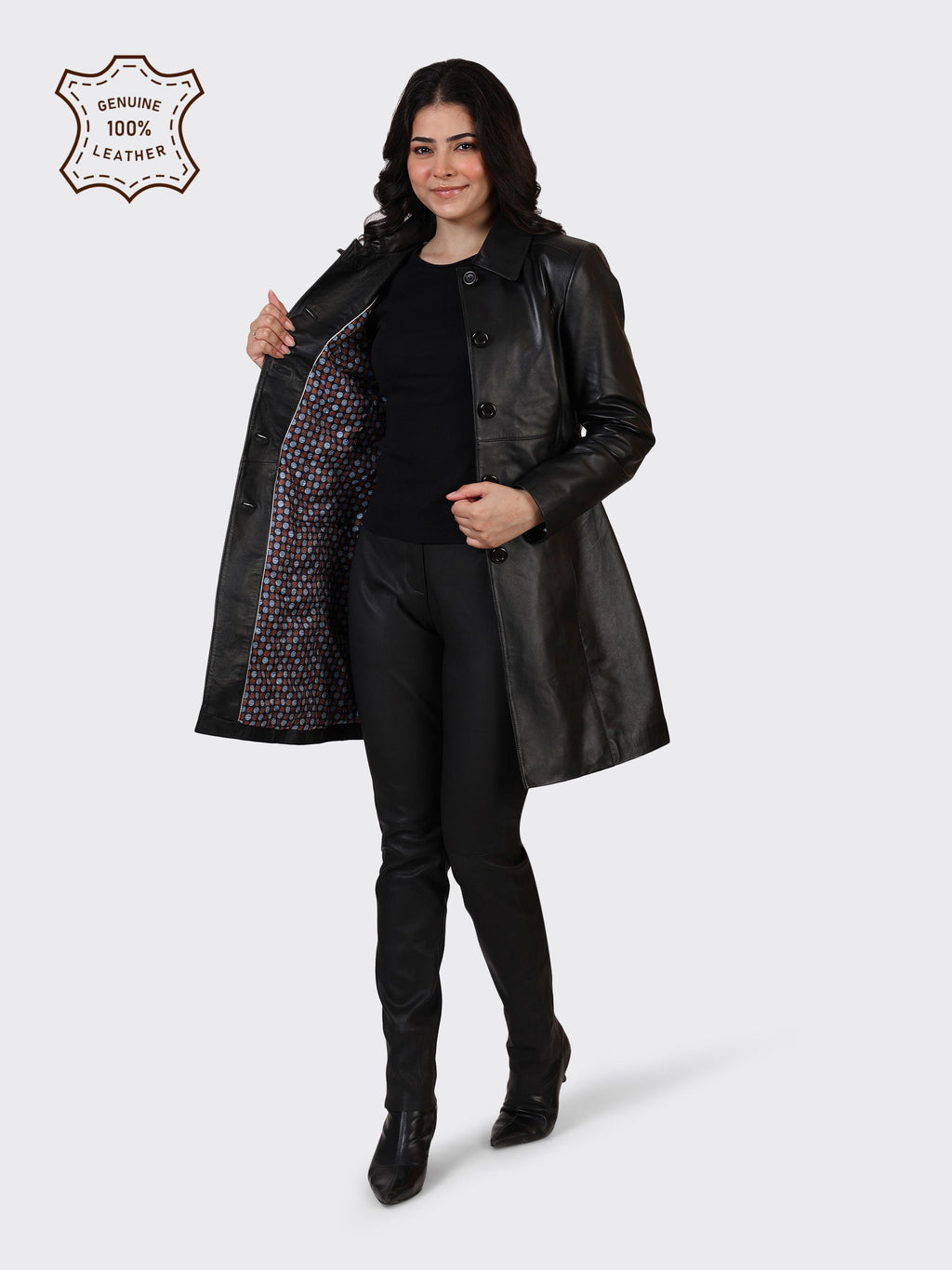 LADIES KNEE-LENGTH LEATHER JACKET-BLACK
